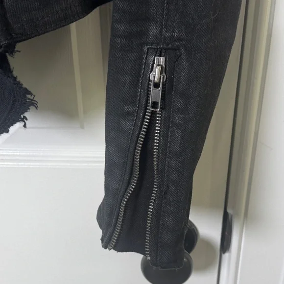 Free People Coated Denim Drape Front Moto Jacket Black Waterfall Collar XS 0 - Picture 11 of 14